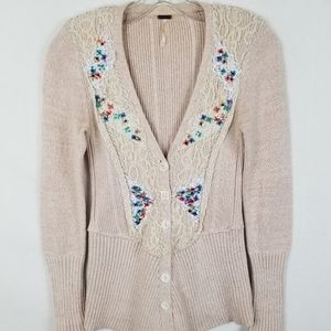 Free People Beige Beaded Lace Trim Cardigan Sz S